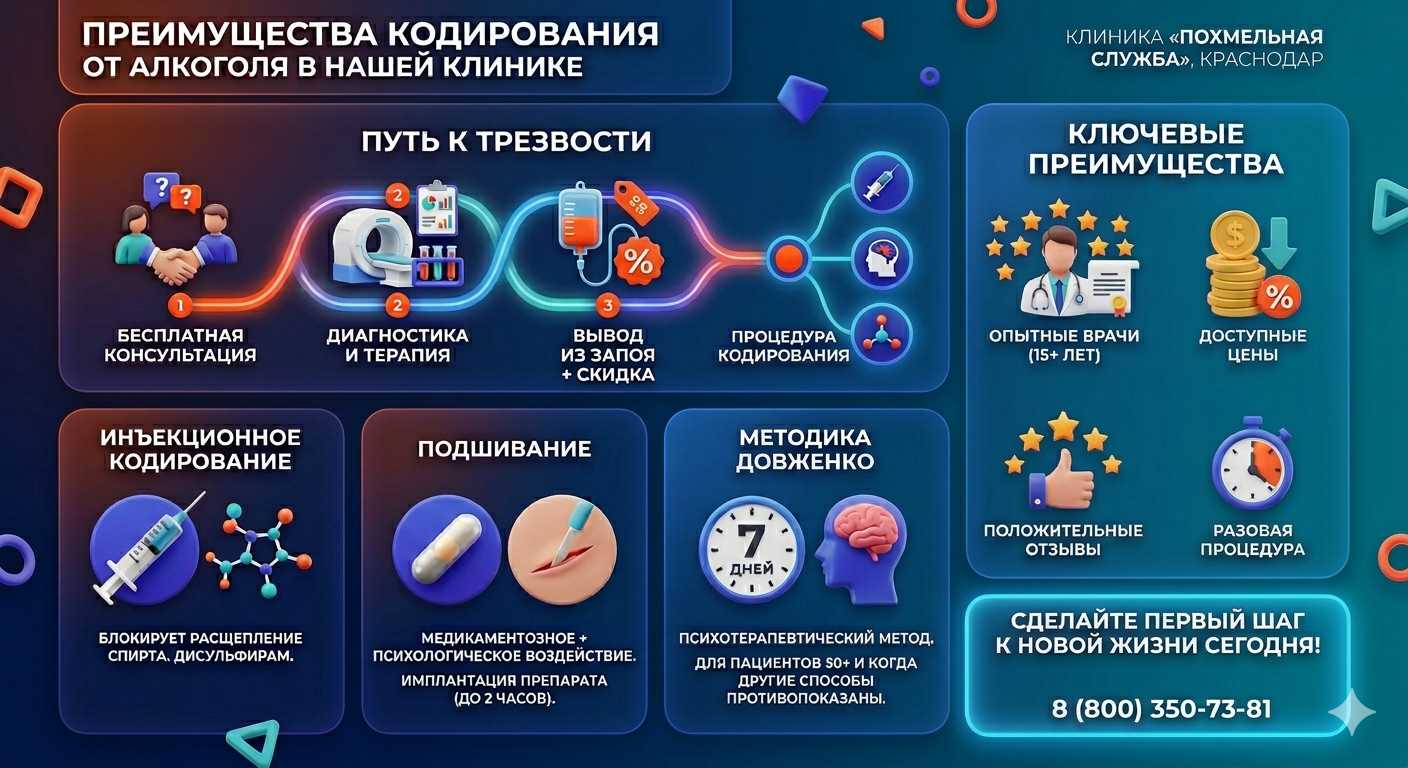 Инфографика о методах кодирования от алкоголя в Люберцах: инъекции, подшивание, метод Довженко. Преимущества клиники и этапы лечения.